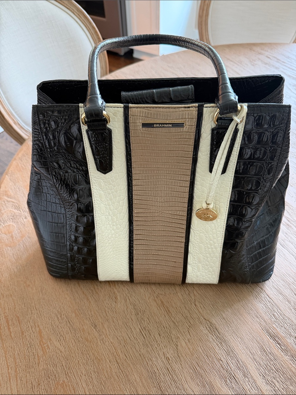 Brahmin Black, Cream & Taupe Croc-Embossed Satchel